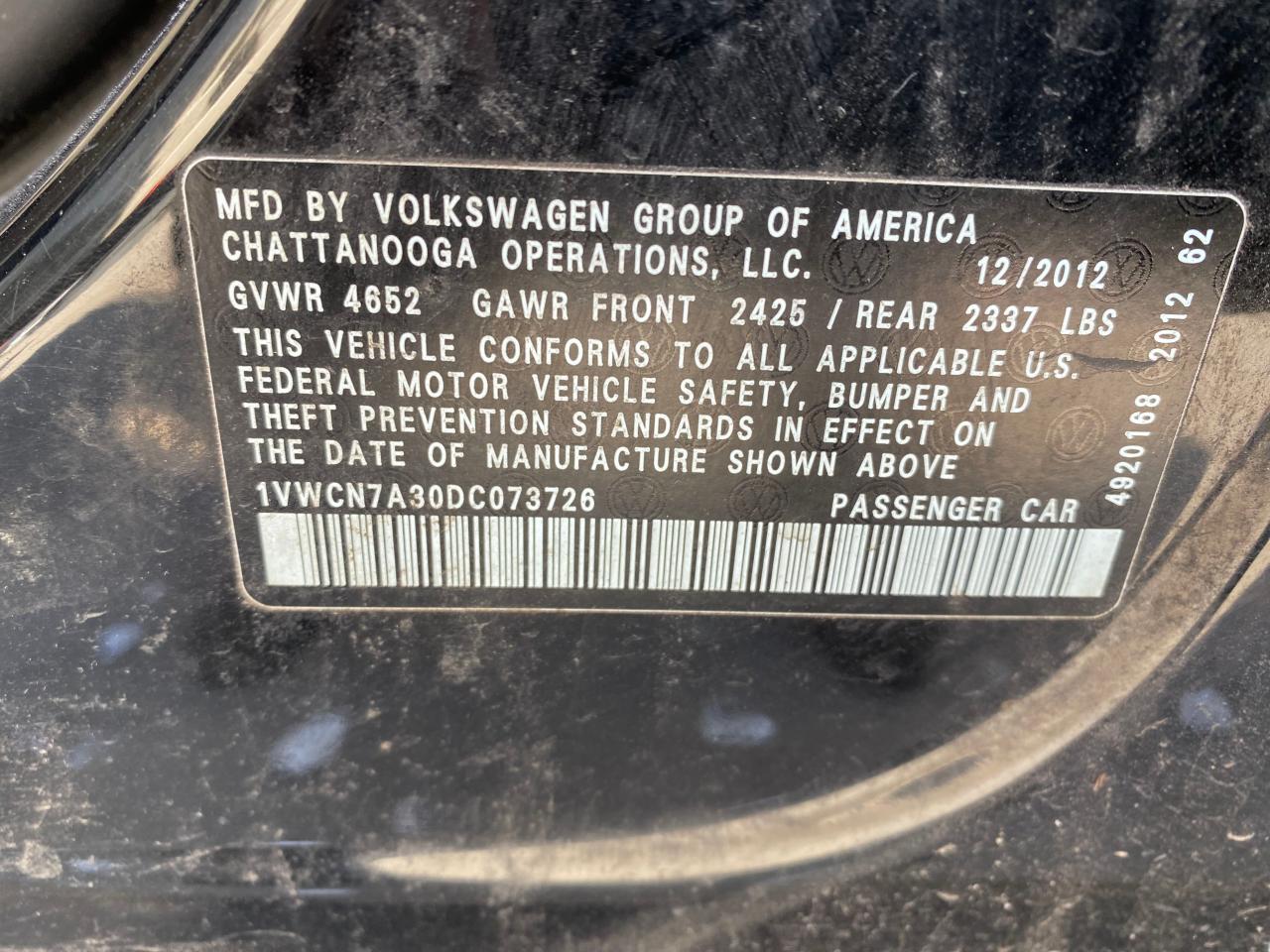 1VWCN7A30DC073726 2013 Volkswagen Passat Sel