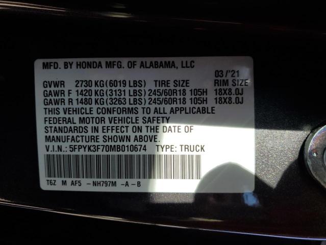 5FPYK3F70MB010674 Honda Ridgeline Rtl
