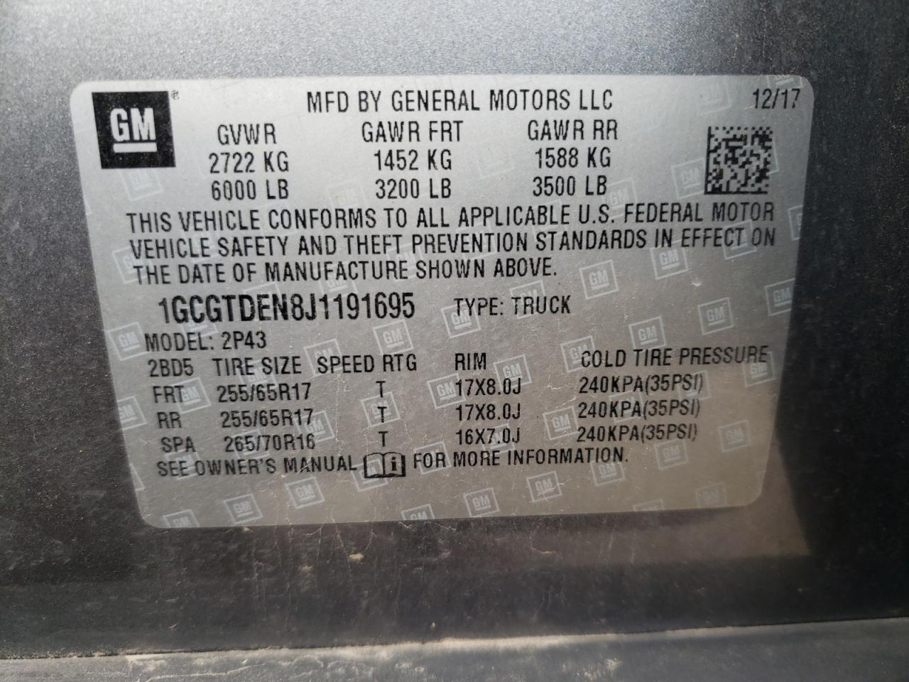 2018 Chevrolet Colorado Z71 vin: 1GCGTDEN8J1191695