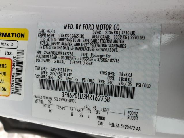 3FA6P0LU3HR162758 Ford Fusion Se Hybrid