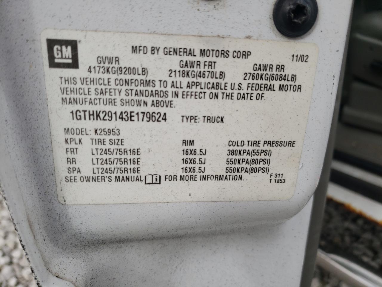 1GTHK29143E179624 2003 GMC Sierra K2500 Heavy Duty