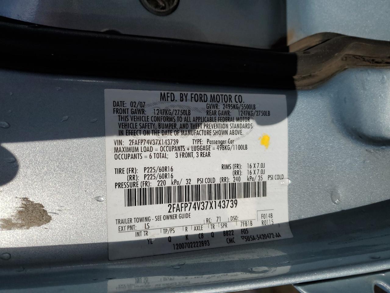 2FAFP74V37X143739 2007 Ford Crown Victoria Lx