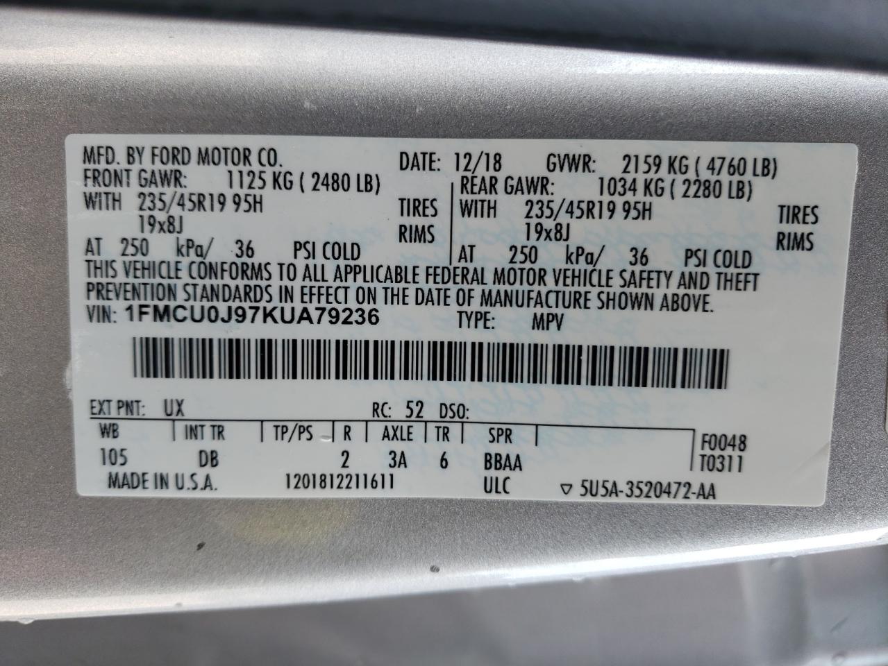 1FMCU0J97KUA79236 2019 Ford Escape Titanium