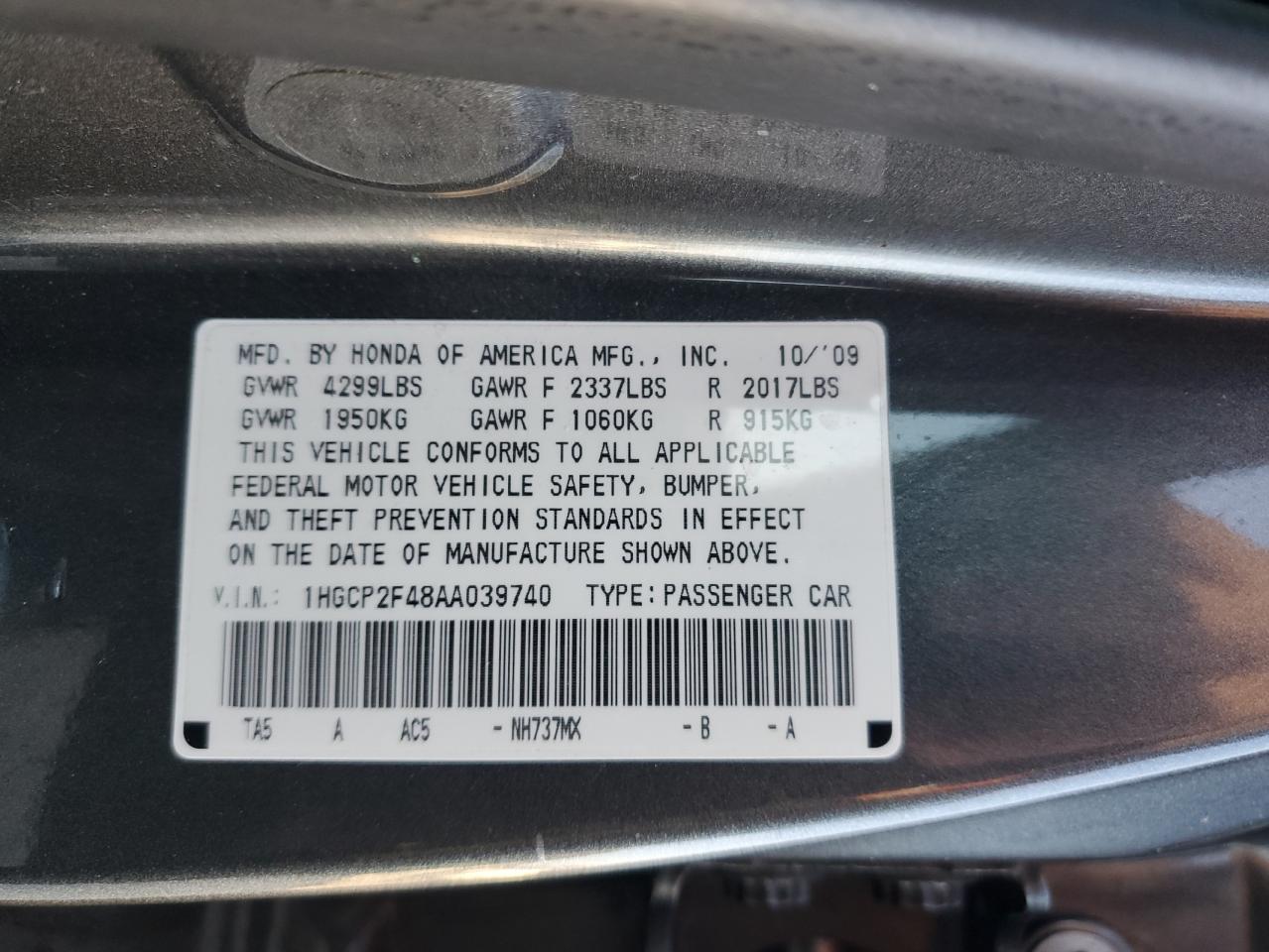 1HGCP2F48AA039740 2010 Honda Accord Lxp