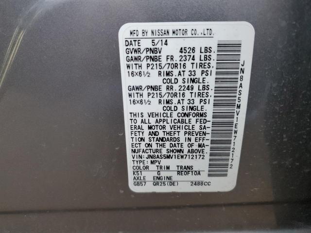 JN8AS5MV1EW712172 Nissan Rogue Select S