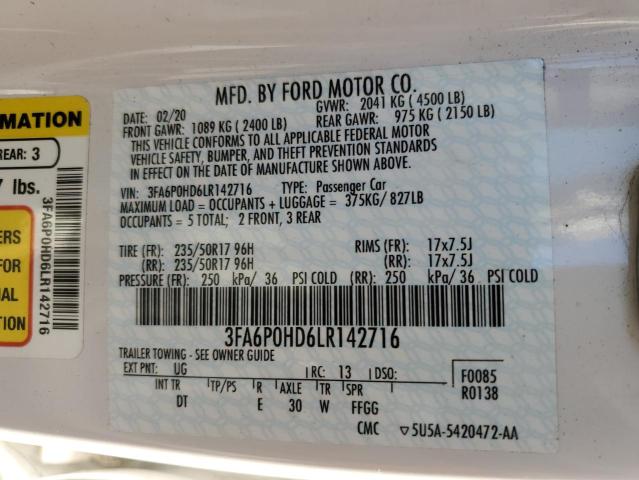 VIN 3FA6P0HD6LR142716 2020 Ford Fusion, SE no.12