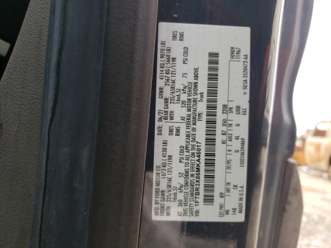 VIN: 1FTBR3X86MKA46017 2021 FORD TRANSIT