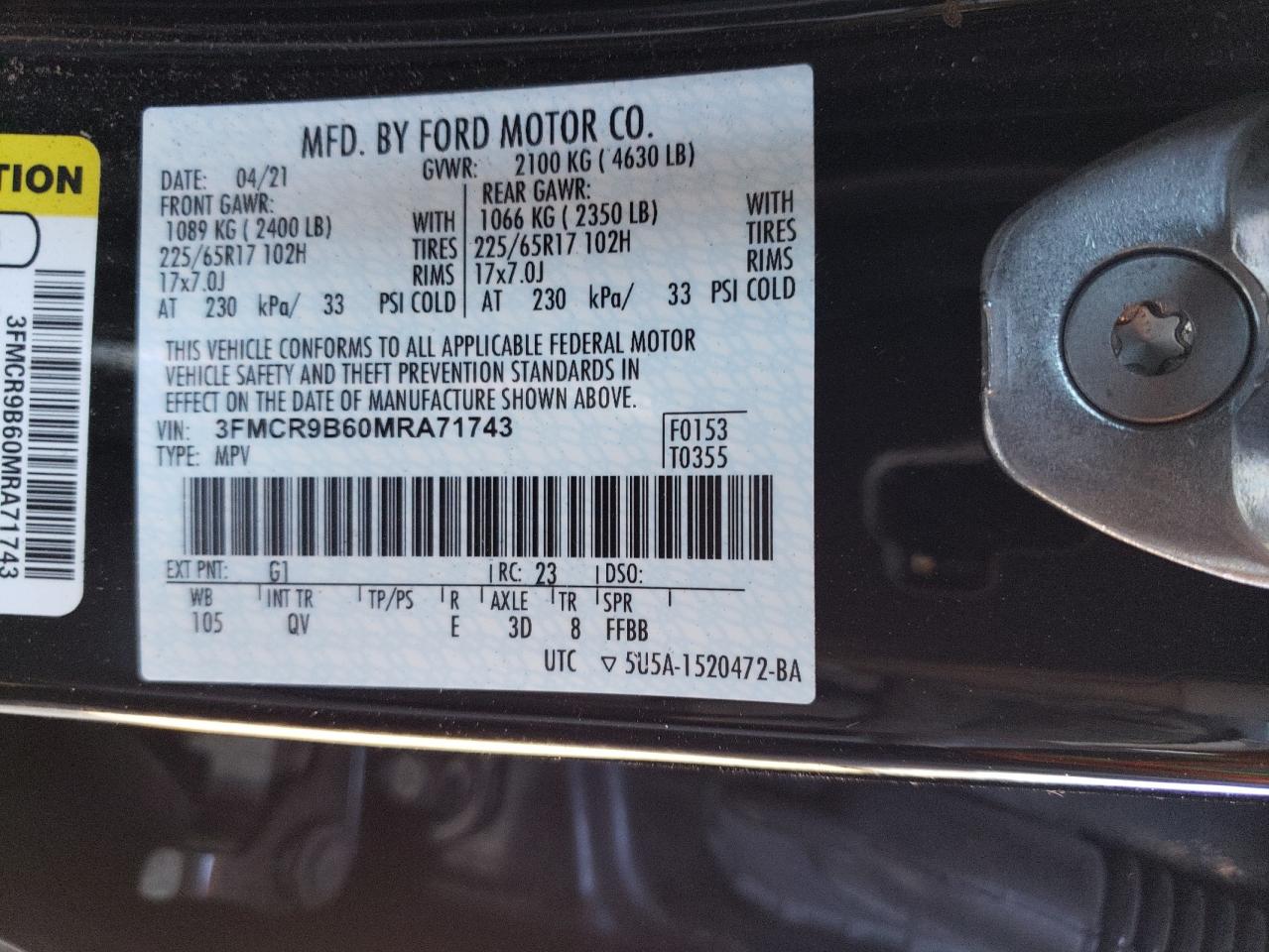3fmcr9b60mra71743 3FMCR9B60MRA71743 2021 Ford Bronco Sport Big Bend