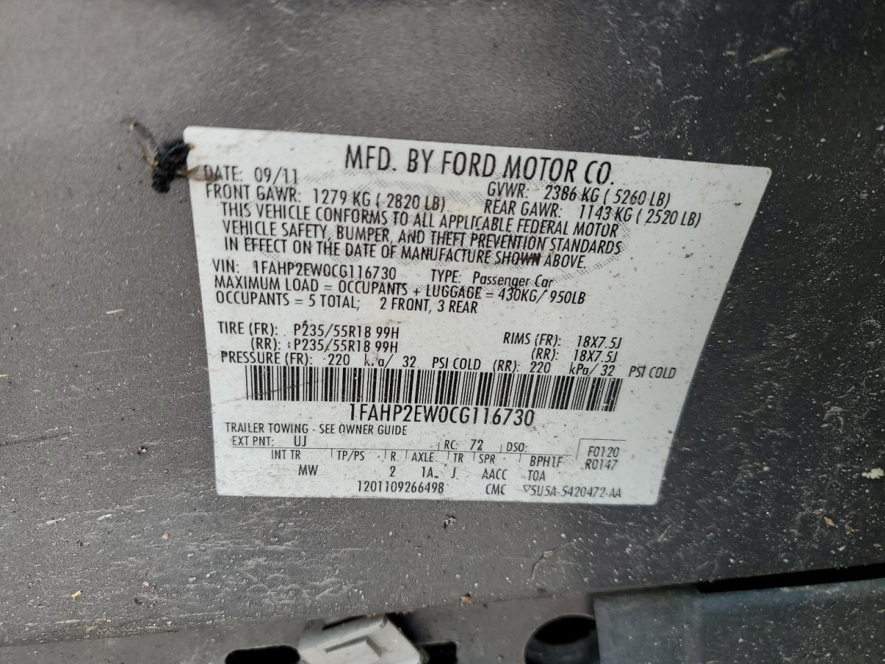 1FAHP2EW0CG116730 2012 Ford Taurus Sel