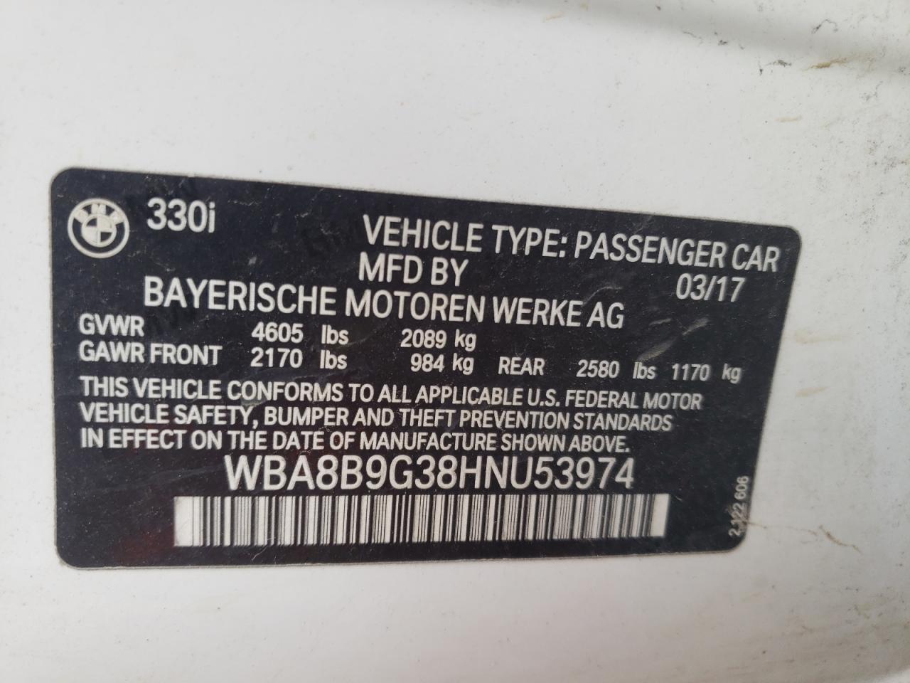 WBA8B9G38HNU53974 2017 BMW 330 I