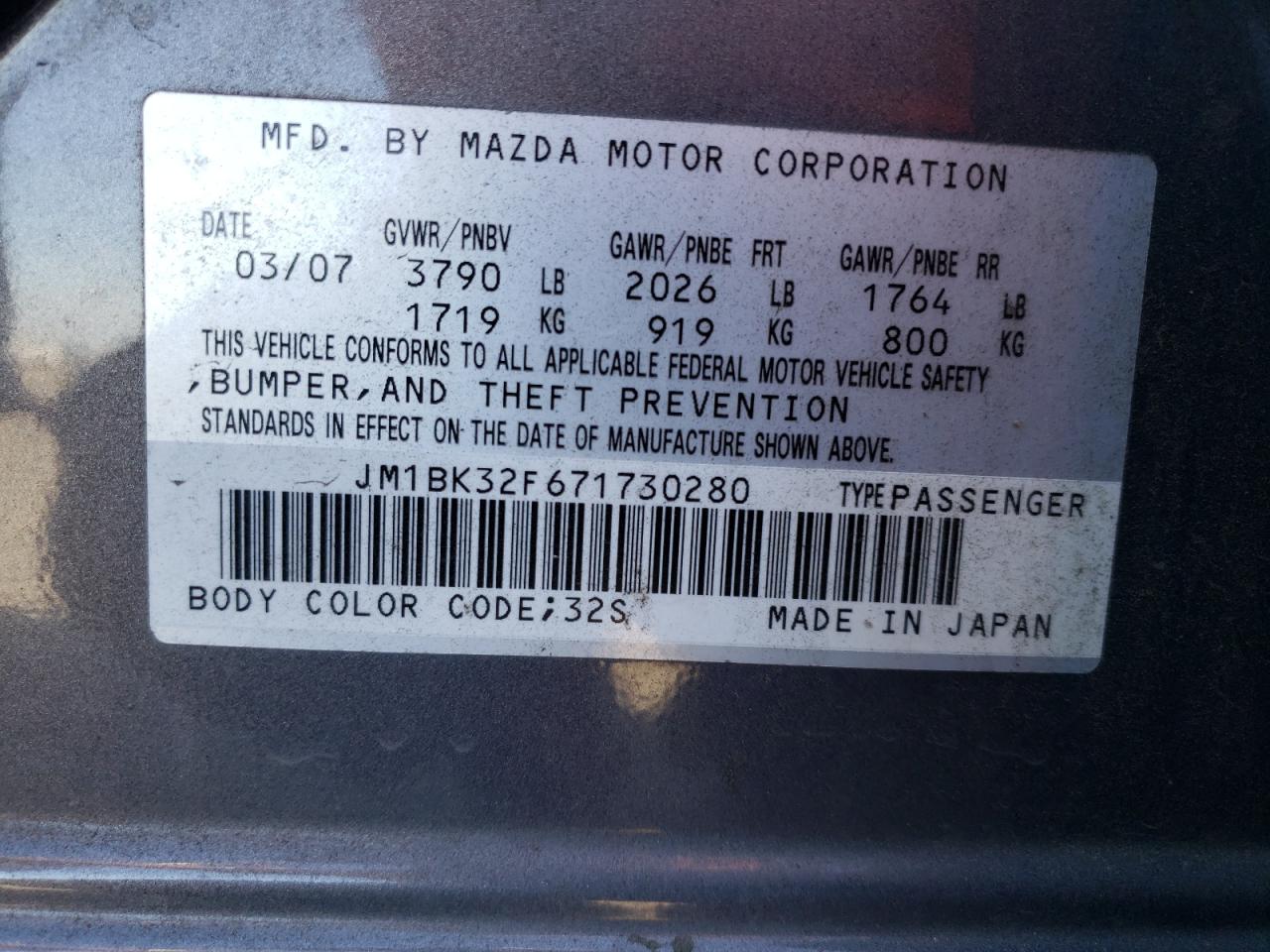 JM1BK32F671730280 2007 Mazda 3 I