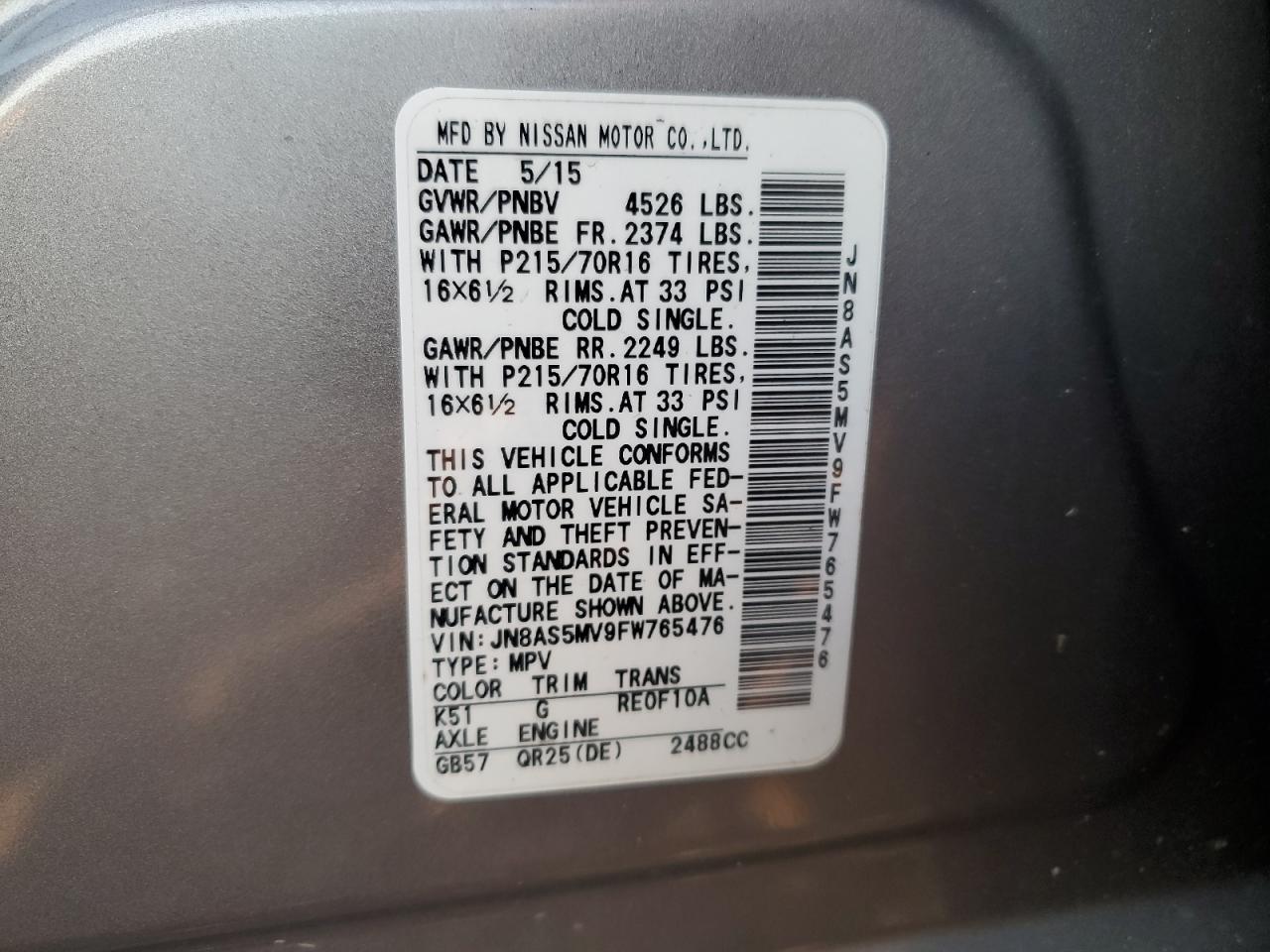 JN8AS5MV9FW765476 2015 Nissan Rogue Select S