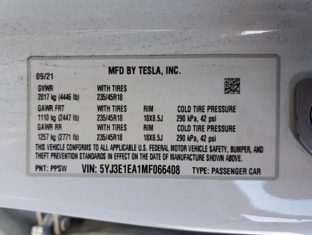 5YJ3E1EA1MF066408 | 2021 TESLA MODEL 3