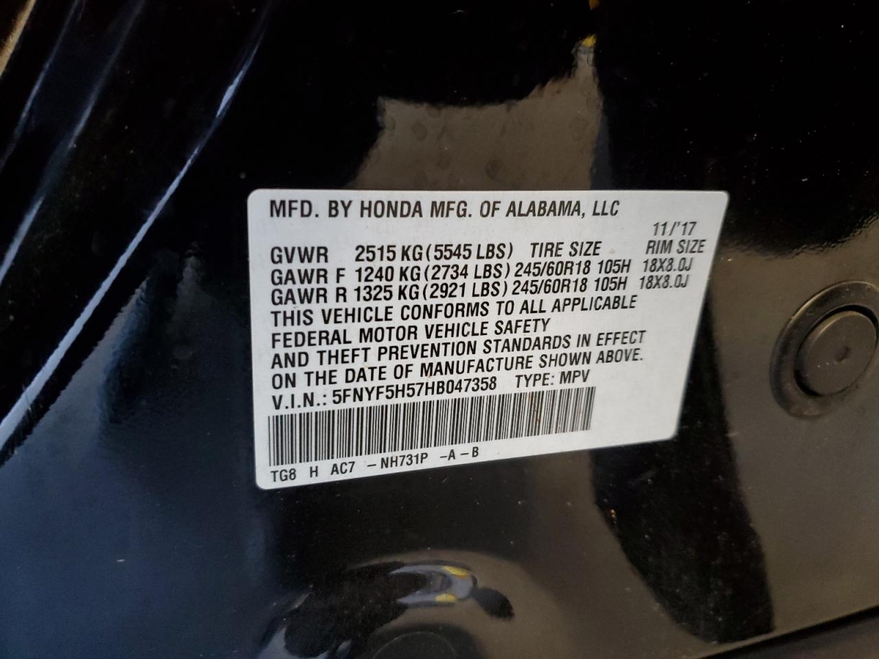 5FNYF5H57HB047358 2017 Honda Pilot Exl