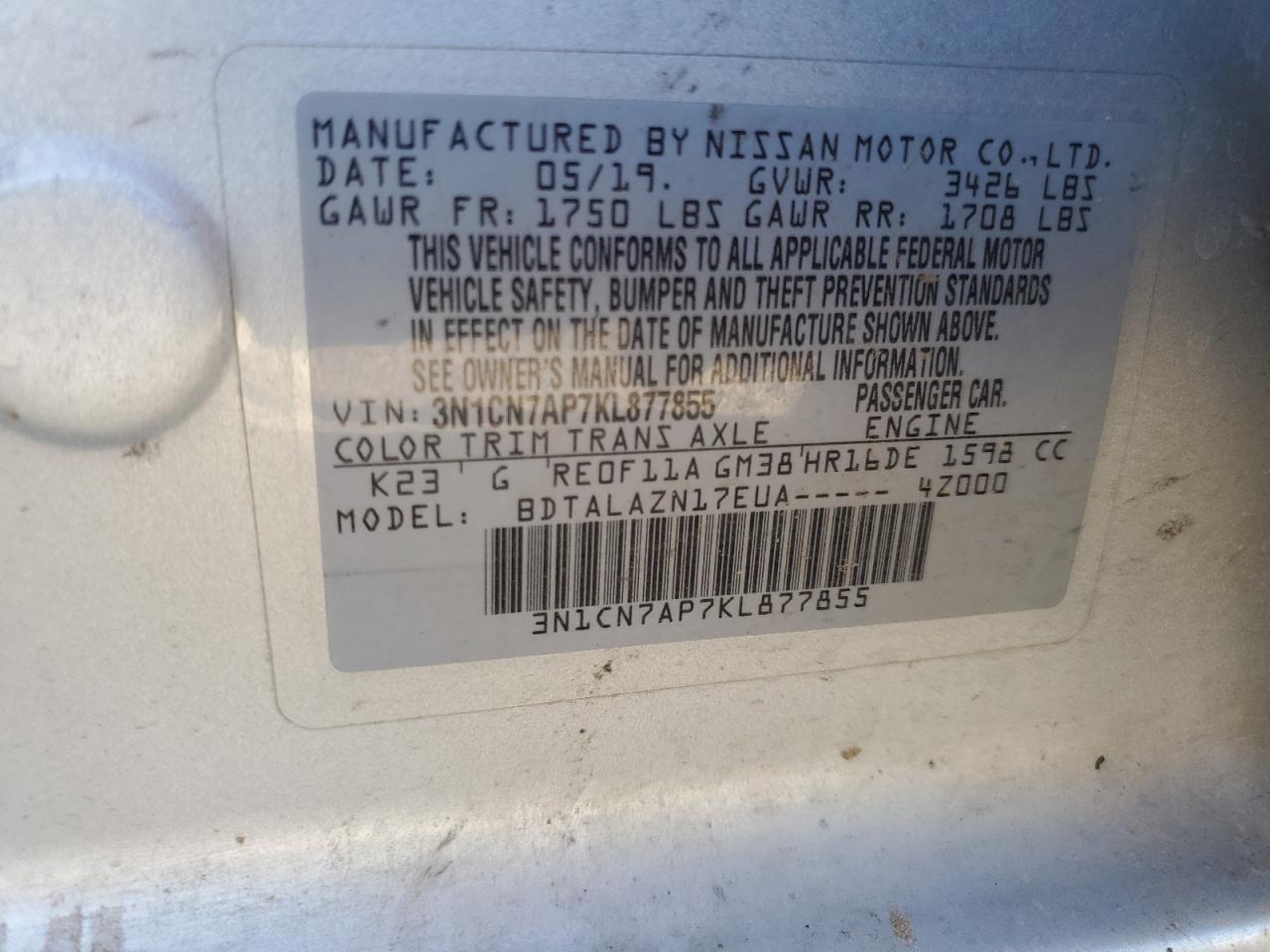 2019 Nissan Versa S vin: 3N1CN7AP7KL877855