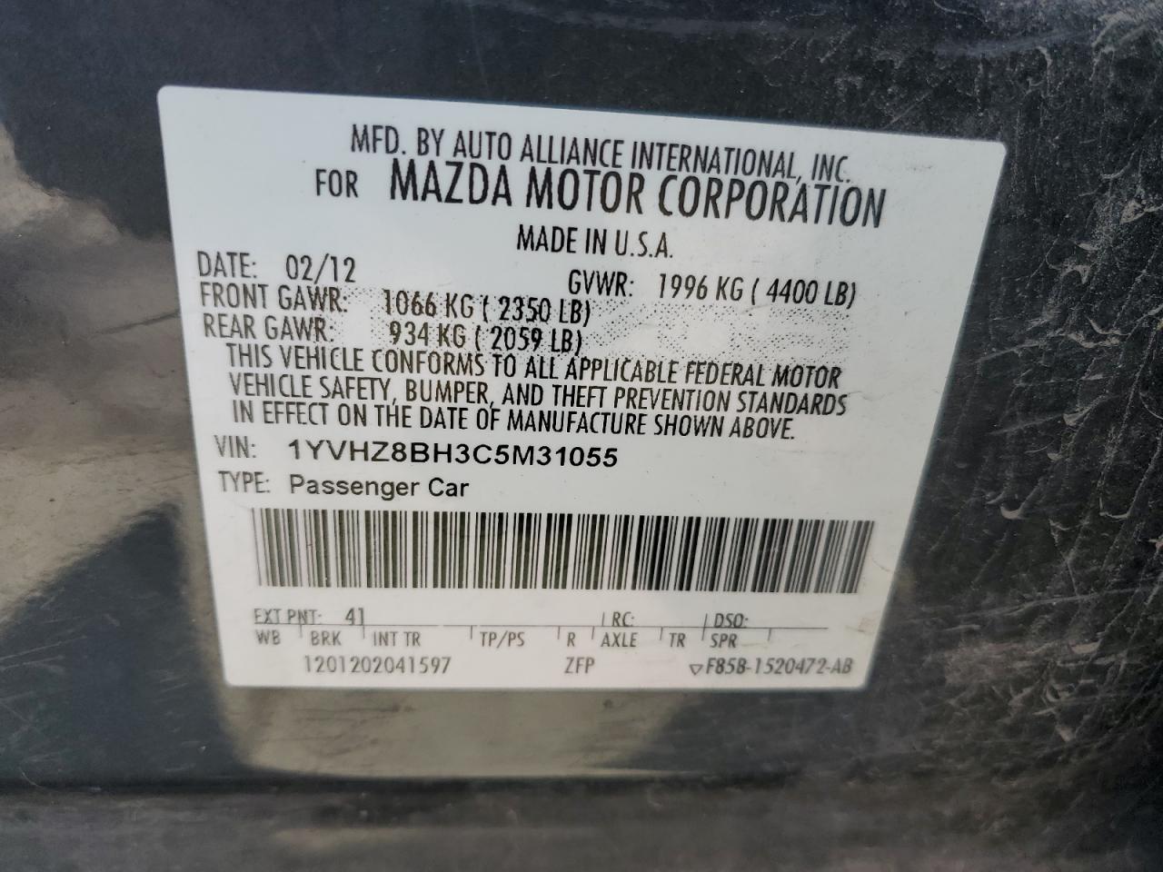 2012 Mazda 6 I vin: 1YVHZ8BH3C5M31055
