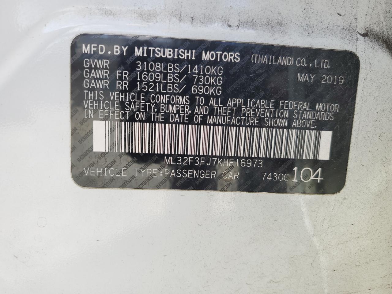 ML32F3FJ7KHF16973 2019 Mitsubishi Mirage G4 Es