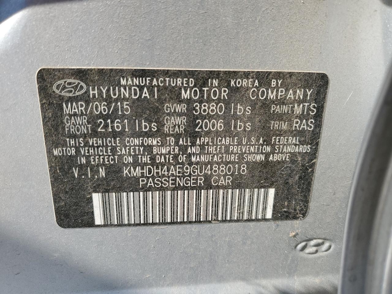 KMHDH4AE9GU488018 2016 Hyundai Elantra Se