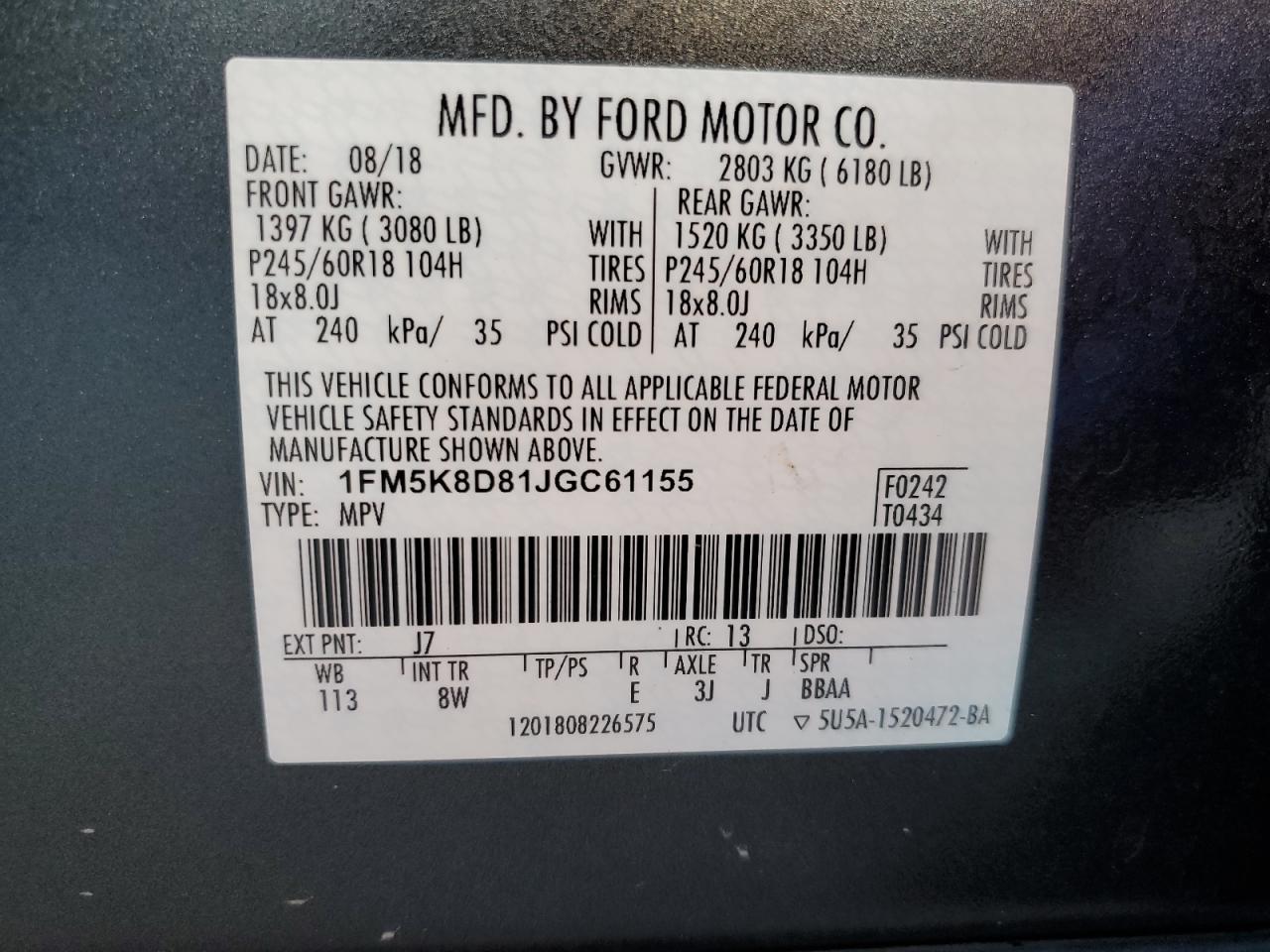 1FM5K8D81JGC61155 2018 Ford Explorer Xlt