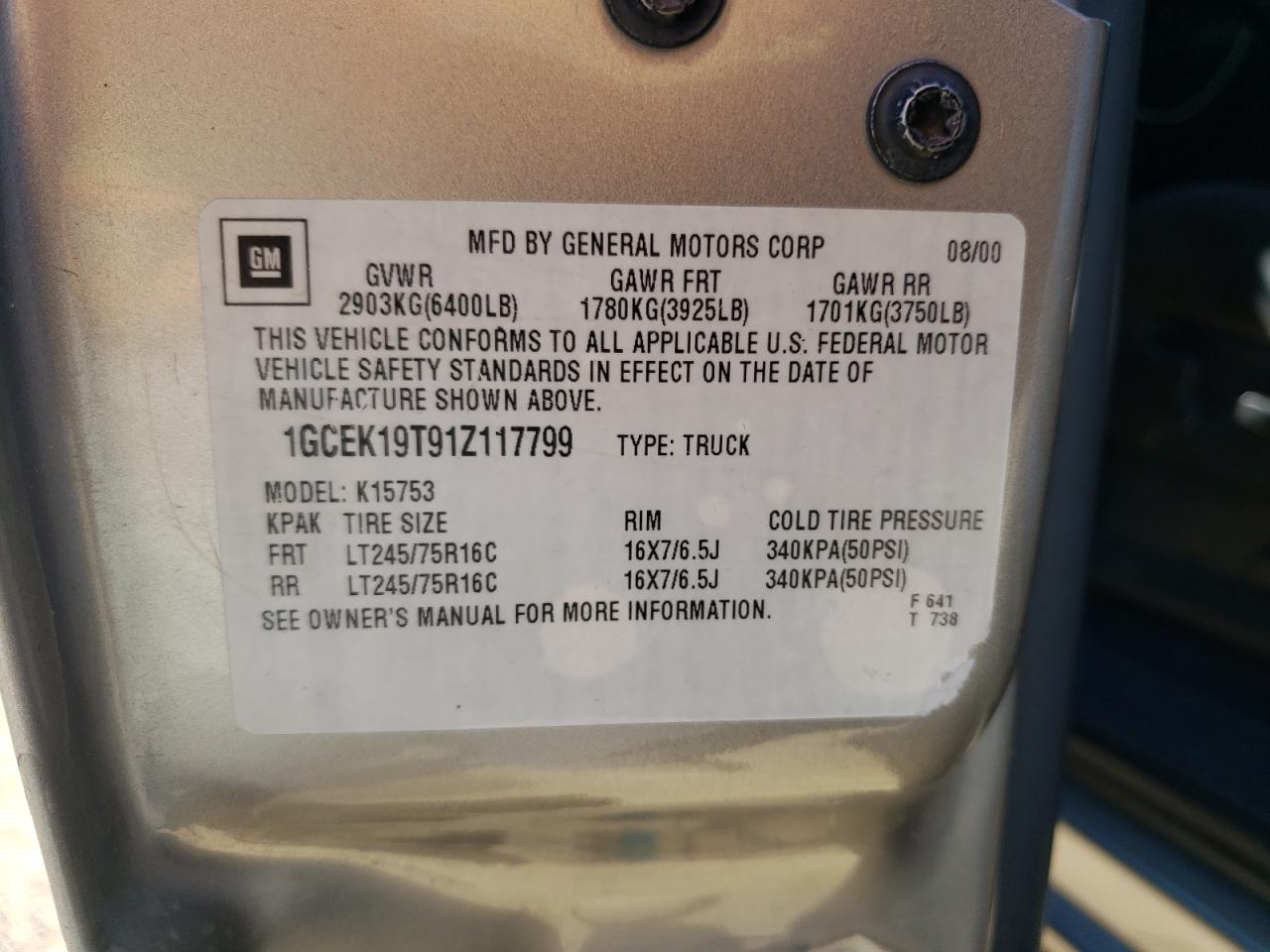 1GCEK19T91Z117799 2001 Chevrolet Silverado K1500 1GCEK19T91Z117799 2001 Chevrolet Silverado K1500