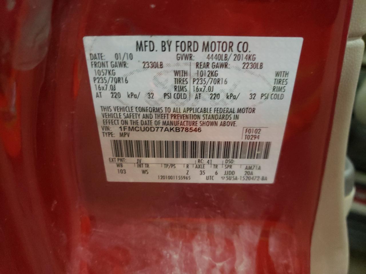 1FMCU0D77AKB78546 2010 Ford Escape Xlt