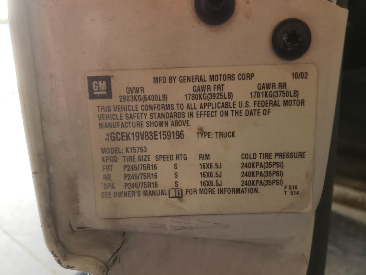 1GCEK19V83E159196 2003 Chevrolet Silverado K1500