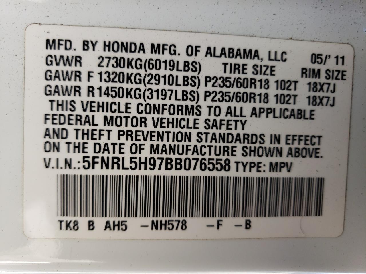 5FNRL5H97BB076558 2011 Honda Odyssey Touring/Touring Elite