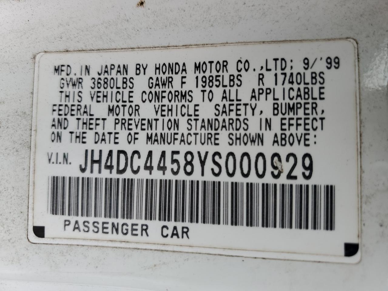 JH4DC4458YS000929 2000 Acura Integra Ls