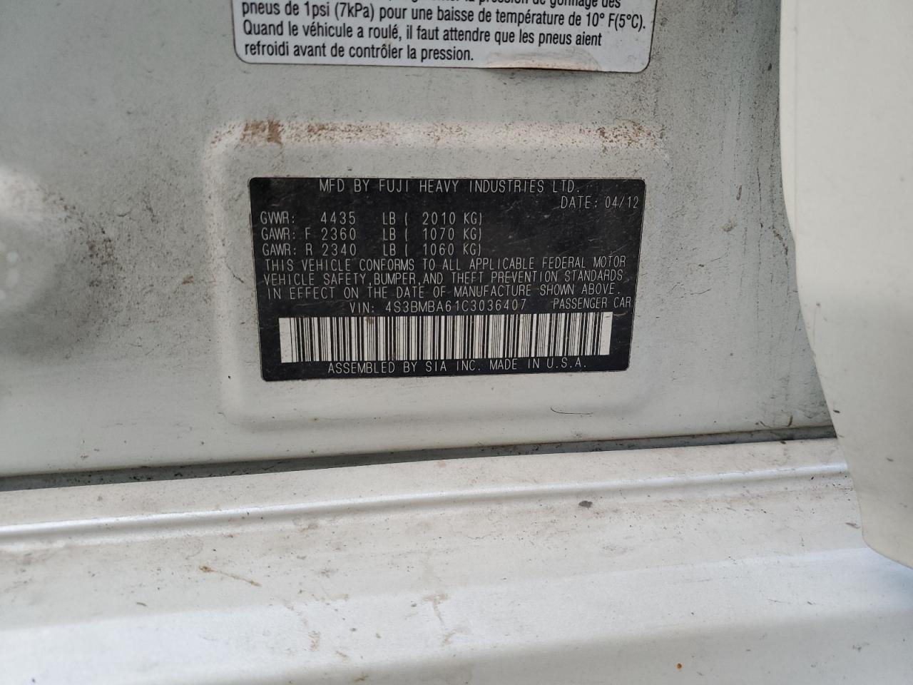 4S3BMBA61C3036407 2012 Subaru Legacy 2.5I