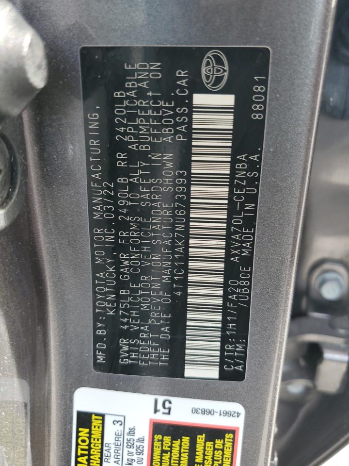 VIN: 4T1C11AK7NU673993 2022 TOYOTA CAMRY