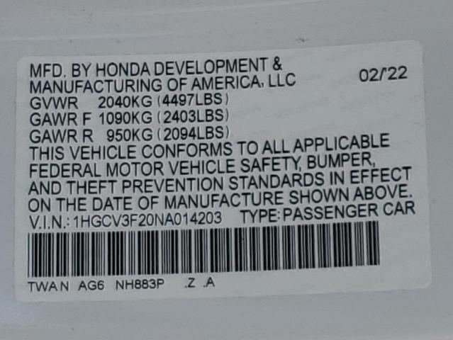 1HGCV3F20NA014203 Honda Accord Hybrid Sport