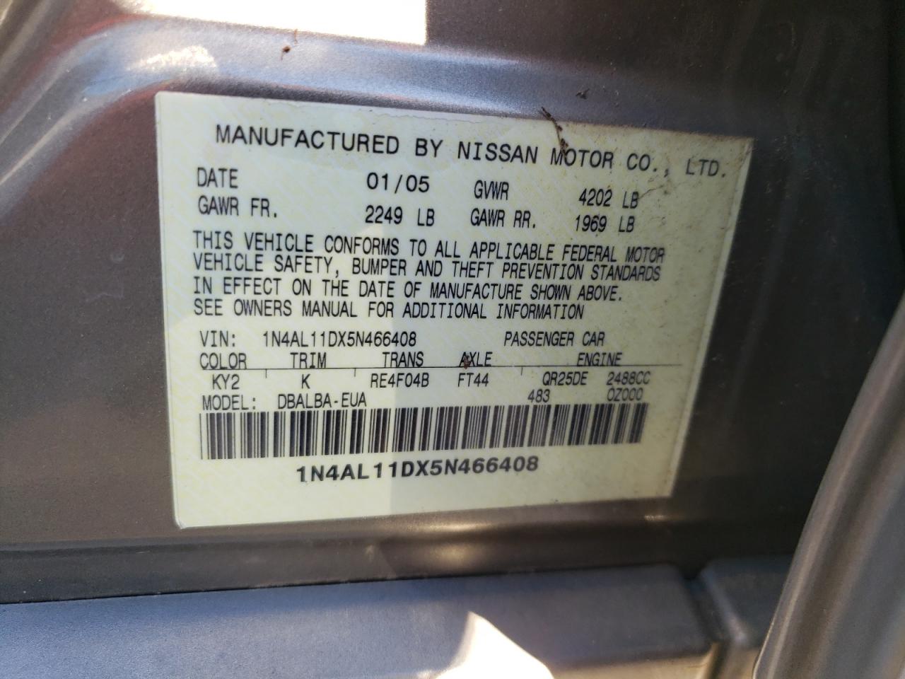 1N4AL11DX5N466408 2005 Nissan Altima S