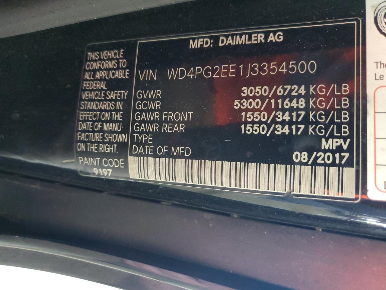 2018 Mercedes-Benz Metris vin: WD4PG2EE1J3354500