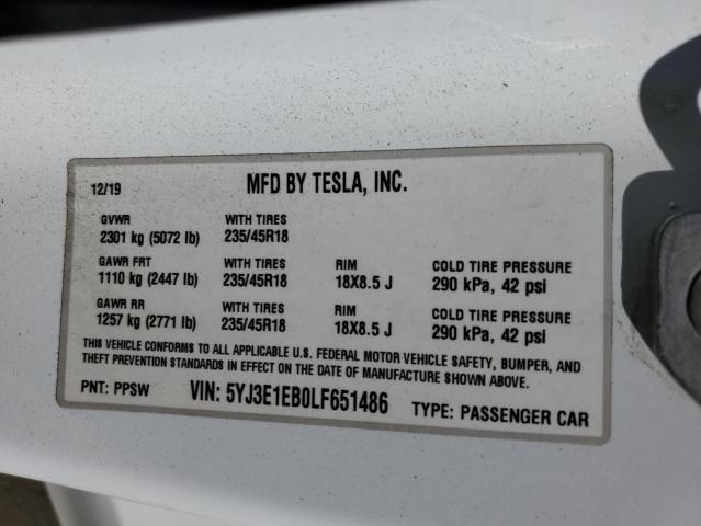 2020 Tesla Model 3 VIN: 5YJ3E1EB0LF651486 Lot: 71391783