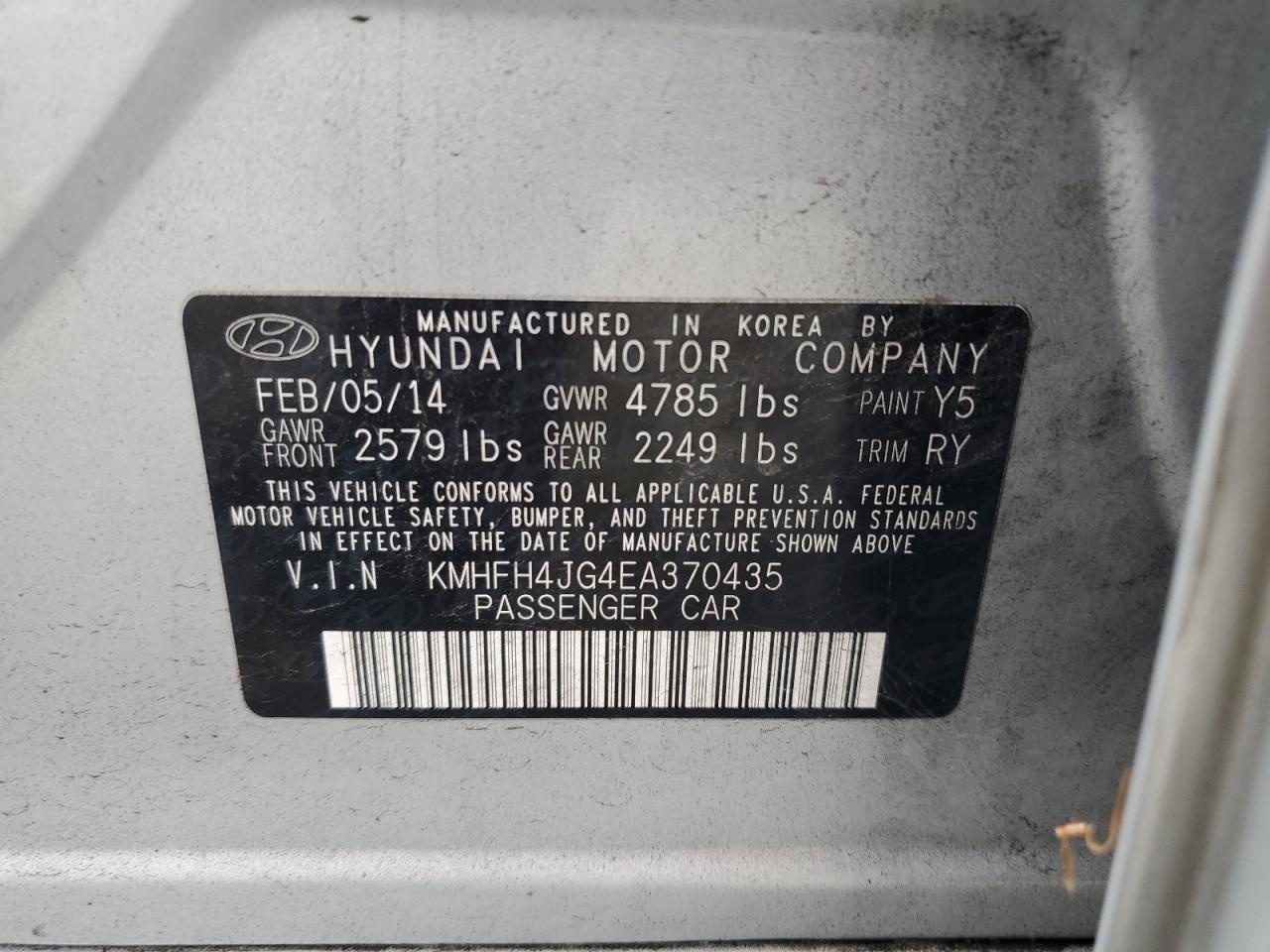 KMHFH4JG4EA370435 2014 Hyundai Azera Gls