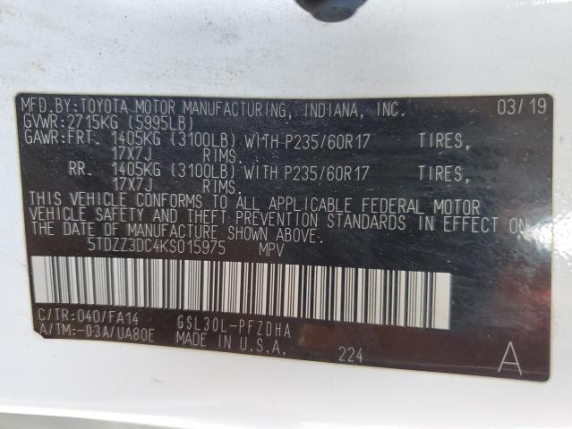 5TDZZ3DC4KS015975 Toyota SIENNA