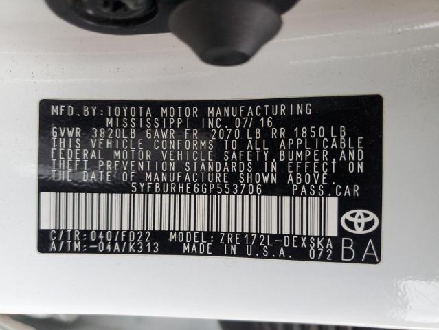 5YFBURHE6GP553706 | 2016 TOYOTA COROLLA L