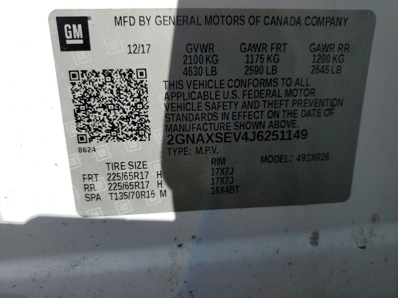 2GNAXSEV4J6251149 2018 Chevrolet Equinox Lt