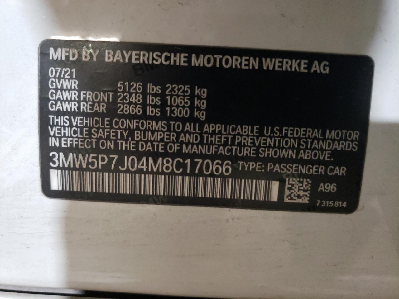 2021 BMW 330E vin: 3MW5P7J04M8C17066