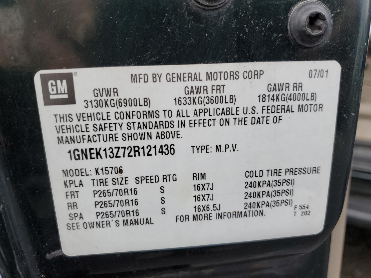 1GNEK13Z72R121436 2002 Chevrolet Tahoe K1500