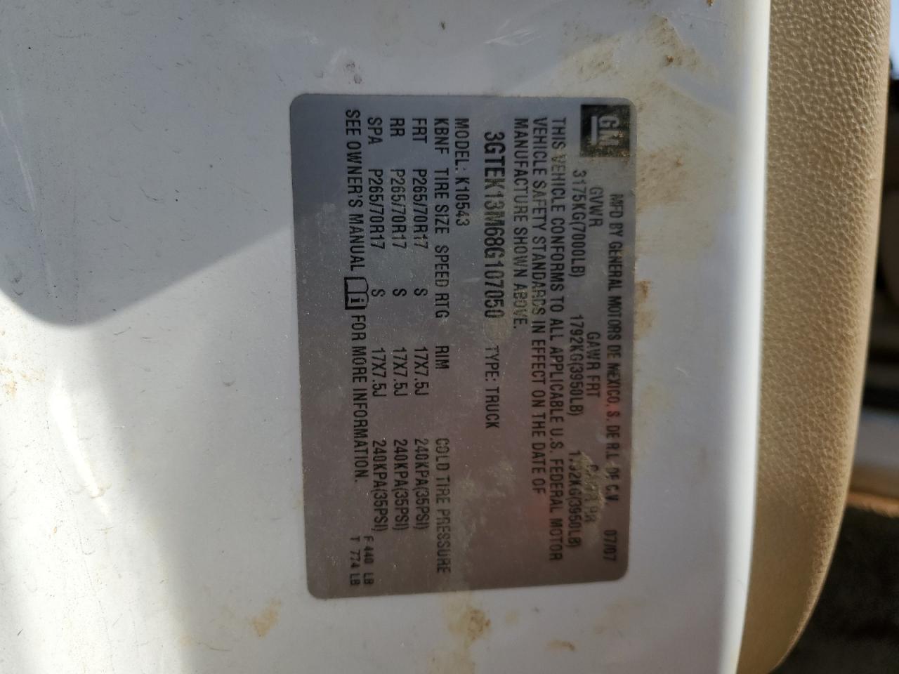 3GTEK13M68G107050 2008 GMC Sierra K1500