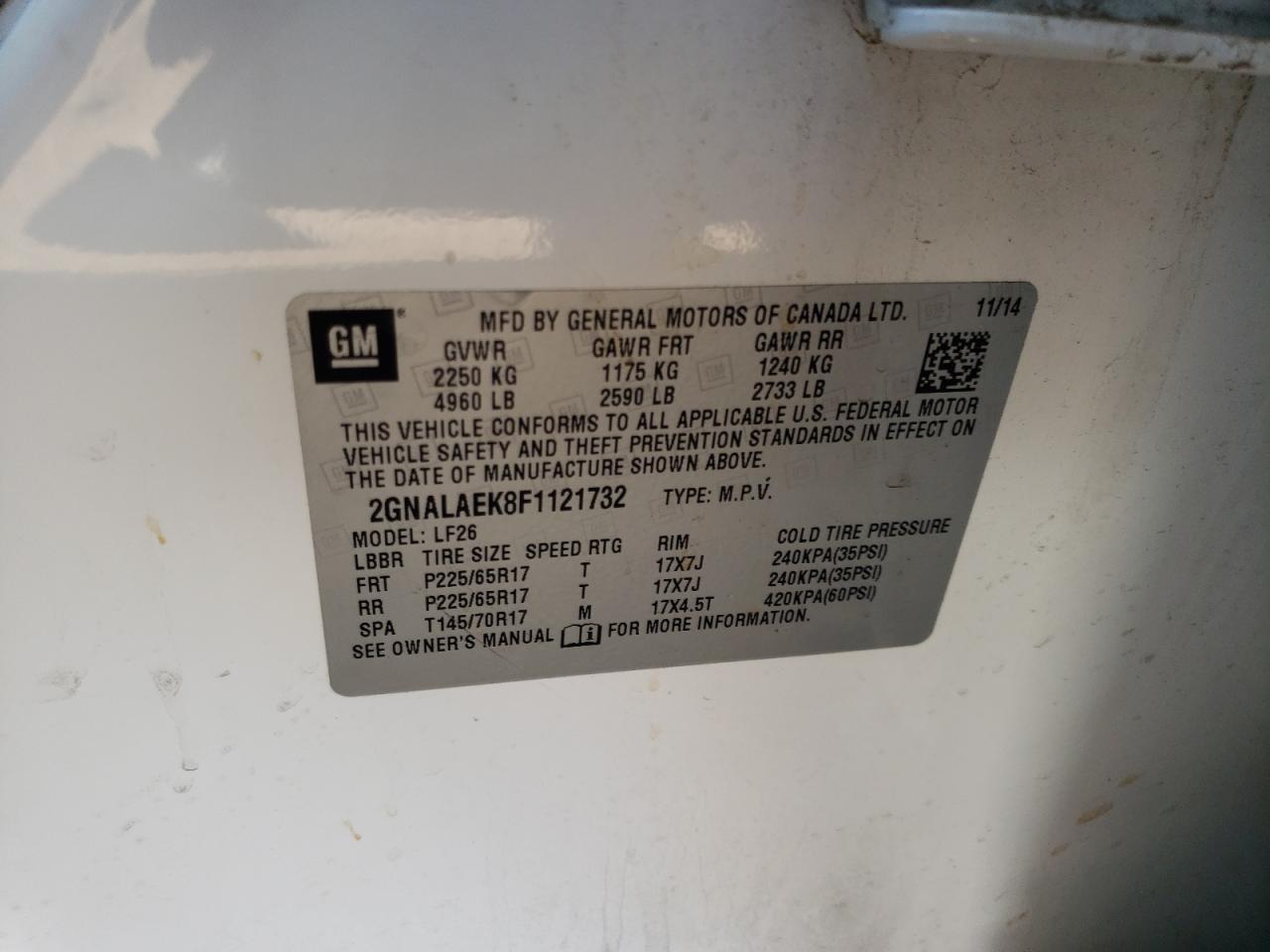 2GNALAEK8F1121732 2015 Chevrolet Equinox Ls