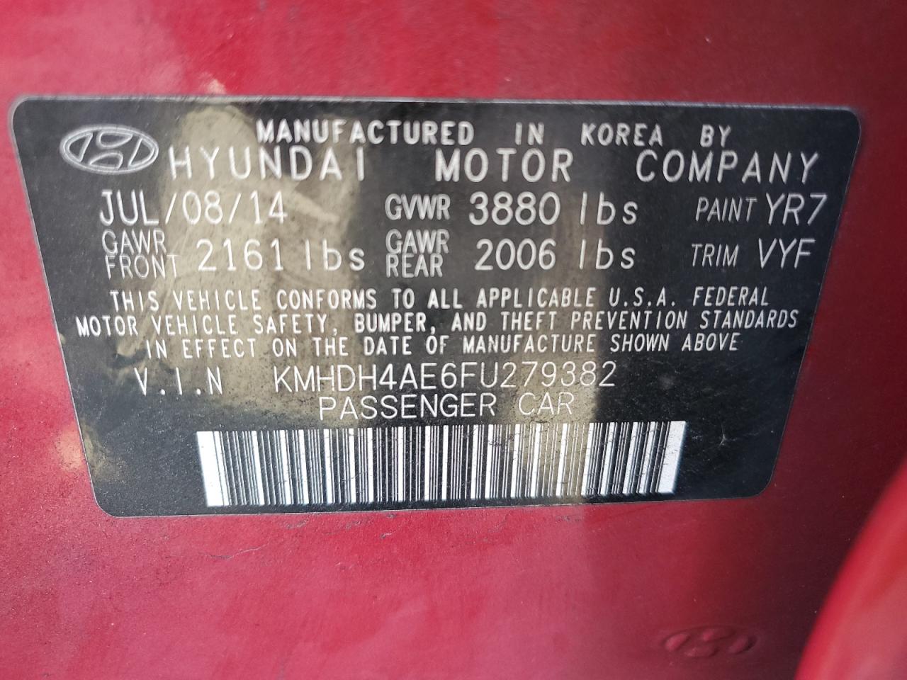 Lot #2959965311 2015 HYUNDAI ELANTRA SE