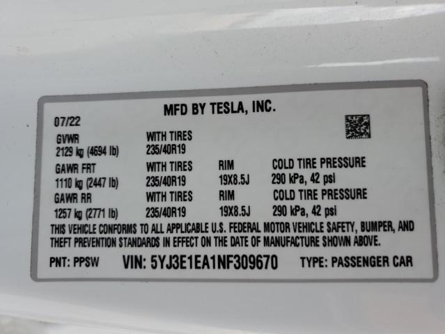 VIN 5YJ3E1EA1NF309670 2022 Tesla MODEL 3 no.13