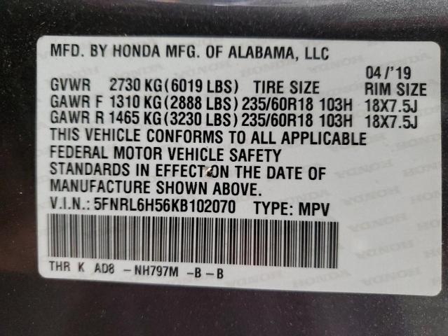 VIN 5FNRL6H56KB102070 2019 Honda Odyssey, EX no.13