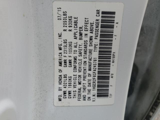 VIN 1HGCR2F85FA245781 2015 Honda Accord, Exl no.10