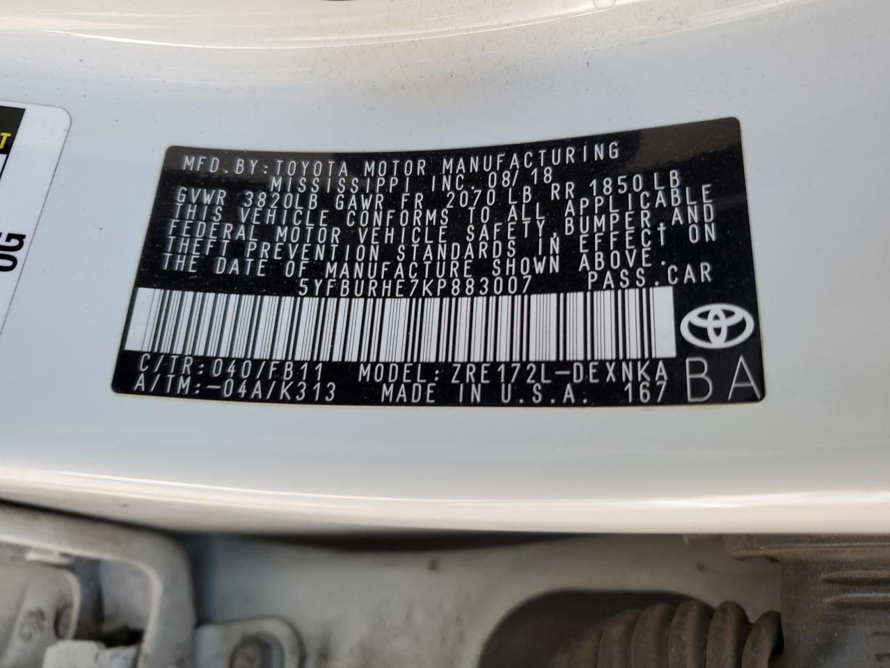 Lot #2989217685 2019 TOYOTA COROLLA L