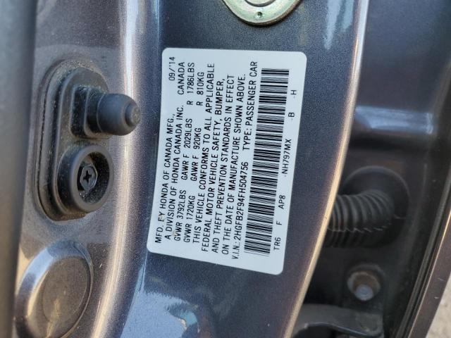 VIN 2HGFB2F94FH504756 2015 Honda Civic, Exl no.12