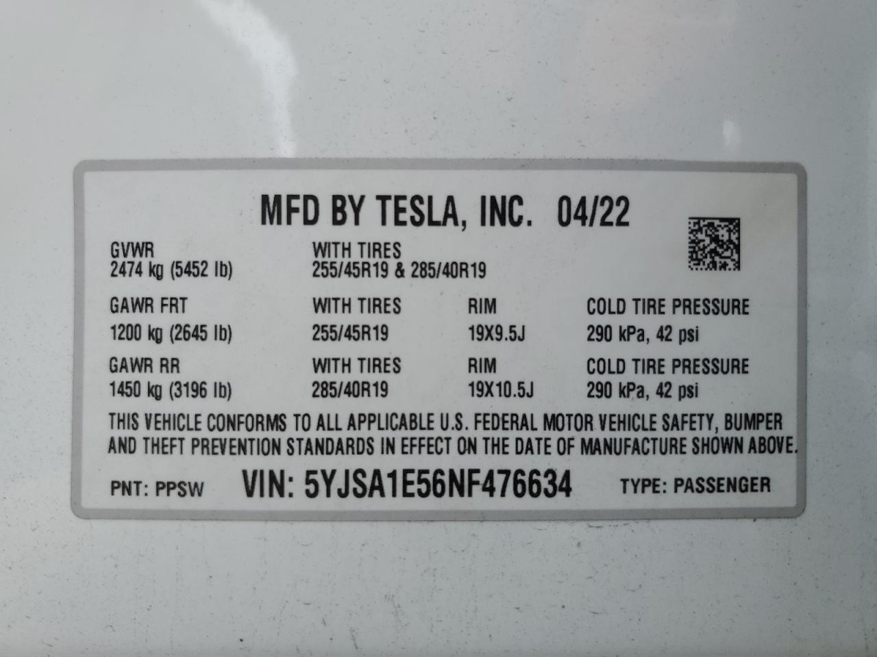 Lot #2952031724 2022 TESLA MODEL S