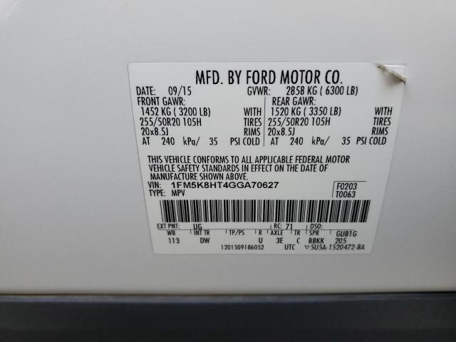 VIN 1FM5K8HT4GGA70627 2016 Ford Explorer, Platinum no.13